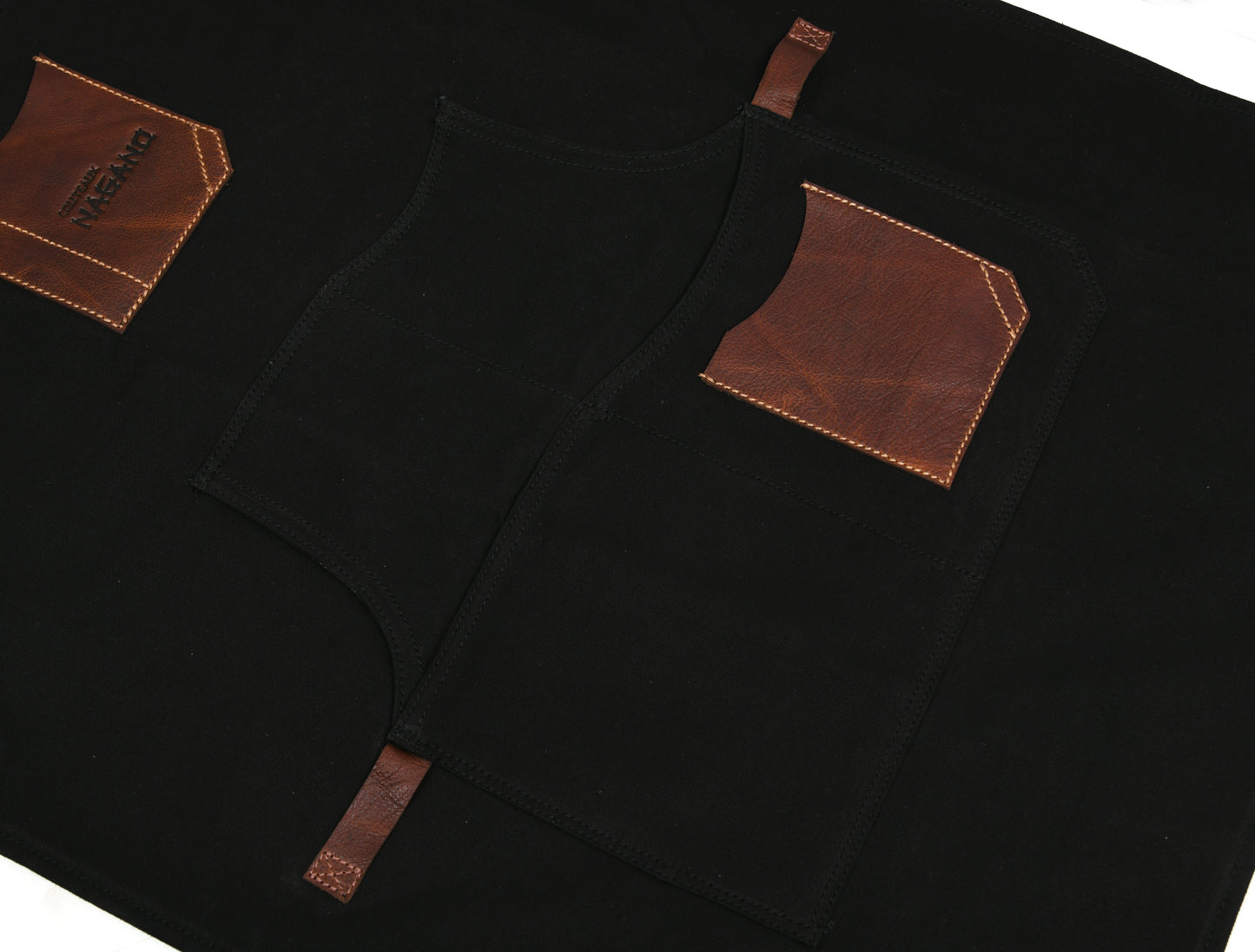 Black apron with dark brown leather