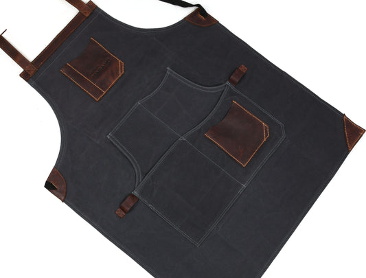 Grey apron with brown leather