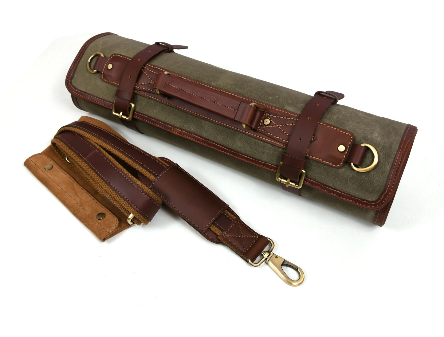 Knife Roll for Chef Knives Green Waxed Canvas - 10 slot